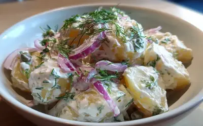En skål med ljuvlig potatissallad recept, krämig med dill, rödlök och kapris. Perfekt till grillat!