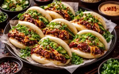 Läckra bao buns med fyllning av kött, gurka och grönsaker. Ett perfekt bao buns recept för en smakrik måltid.