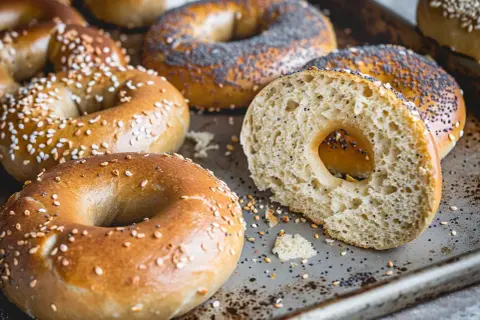 Färska bagels med sesamfrön och vallmofrön, perfekta för ditt bagels recept. En skuren bagel visar det fluffiga inre.