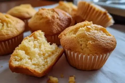 En grupp gyllene glutenfria muffins, en är uppdelad och visar en fluffig insida. Perfekt för fika!