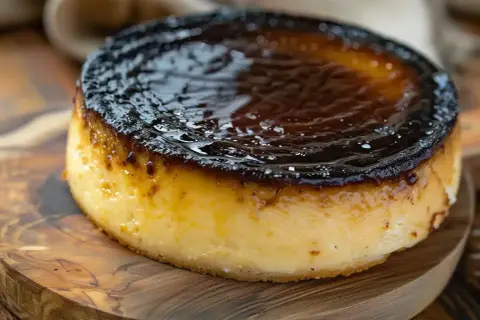 En krämig baskisk cheesecake med en mörk, karamelliserad yta, serverad på en träskärbräda.