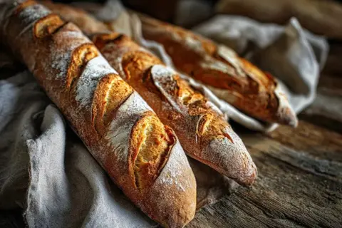 Tre nybakade baguetter med gyllene skorpa ligger på en linneduk. Perfekt för ett enkelt baguette recept.