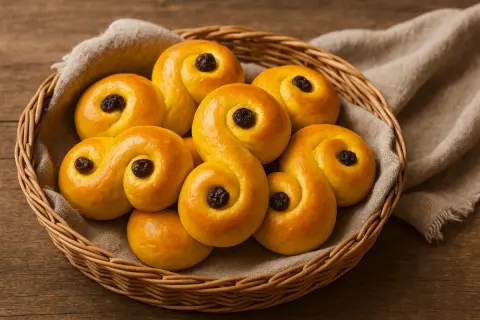 En korg fylld med saftiga lussebullar, redo att avnjutas.