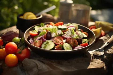 En härlig grekisk sallad med tomater, gurka, fetaost, oliver och rödlök, serverad utomhus i solsken.
