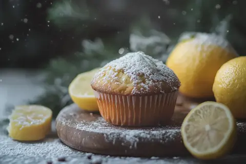 Citron cupcakes med florsocker, omgivna av färska citroner och granris. En vinterdröm av smak.