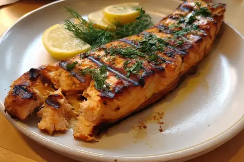 En saftig bit grillad lax med citronskivor och dill. Perfekt för en sommarkväll att grilla lax.