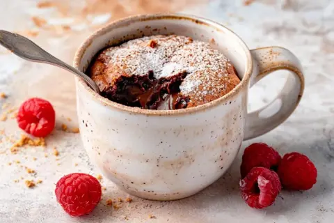 En härlig kladdkaka i mugg med smält choklad, pudrad med florsocker och omgiven av färska hallon.