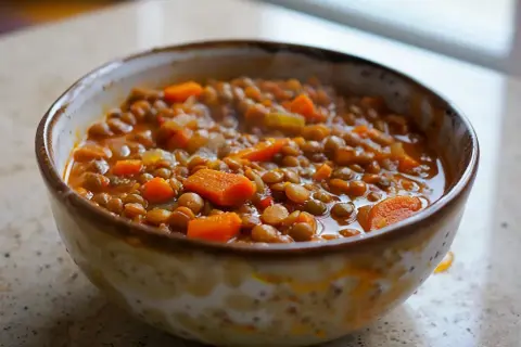 En skål med mustig linsgryta med morötter, perfekt för ett enkelt linsgryta recept.
