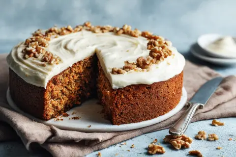 Saftig morotskaka med krämig frosting och valnötter. Perfekt för ett enkelt morotskaka recept.