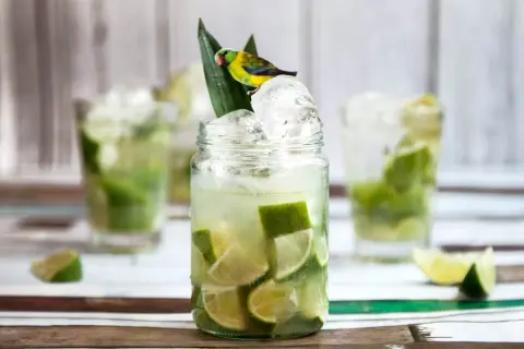 Caipirinha recept med lime och is, dekorerad med en liten papegoja.