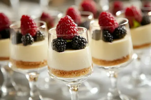 Flera glas med cheesecake, toppad med hallon och björnbär. En läcker dessert som passar perfekt till fikat.