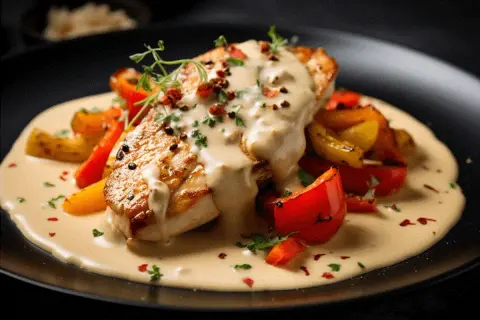 En saftig kycklingfilé med krämig pepparsås och rostade grönsaker. Ett perfekt pepparsås recept för en lyxig middag.
