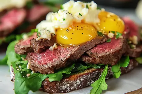 En lyxig bookmaker toast med saftigt biff, rucola, äggulor och ost. En riktig smakupplevelse!