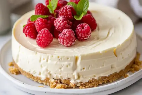 En krämig fryst cheesecake toppad med färska hallon och myntablad. Perfekt för en sommarfest!