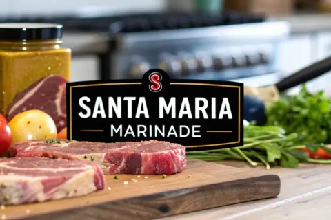 Råa ryggbiffar på en skärbräda med Santa Maria Marinade-logotypen, tomater, lök och färska örter.