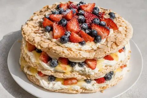 En magnifik pinocchiotårta med lemoncurd, vispgrädde och färska bär. Krispiga marängbottnar varvas med krämig lemoncurd och fluffig grädde, toppad med jordgubbar och blåbär.