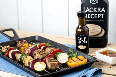 Grillspett med kött och grönsaker på en grillpanna, bredvid en flaska CAL P GRILLOLIA. Perfekt för ett läckert grillolja recept.