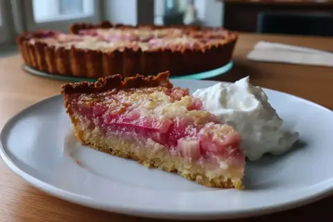 En bit glutenfri rabarberpaj med vispad grädde på en vit tallrik. Hela pajen syns i bakgrunden.