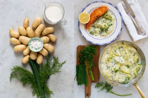 En härlig bild som visar ingredienser och färdig dillstuvad potatis med lax.