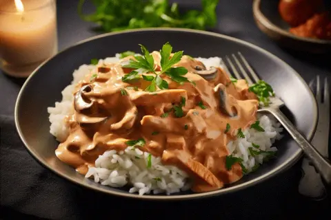 En krämig stroganoff med svamp och kött serveras över ris, garnerad med persilja. Ett mysigt recept för en middag.