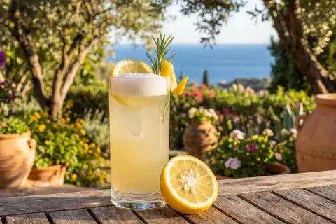 En uppfriskande yuzu drink med citron och rosmarin, serverad utomhus med havet i bakgrunden.