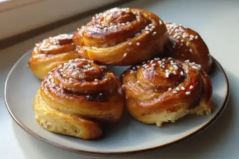 Färska kanelbullar med pärlsocker, redo att avnjutas. Ett perfekt kanelbulle recept för fikat.