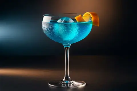 En svalkande blå lagun drink med en isboll och apelsinskal.