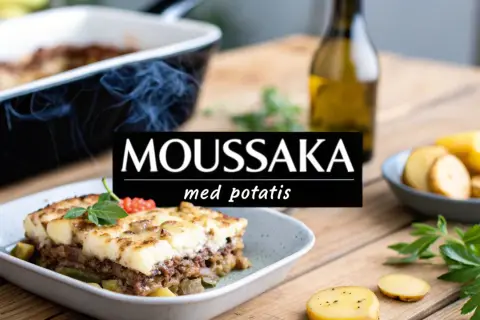 En portion moussaka med potatis, redo att avnjutas. Texten "MOUSSAKA med potatis" syns tydligt.
