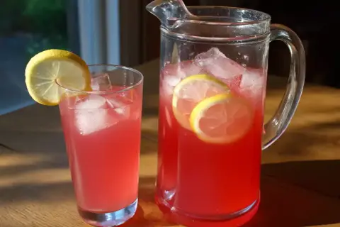 En karaff och ett glas med rosa rabarbersaft, is och citronskivor. Perfekt för ett svalkande rabarbersaft recept.