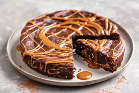 Chokladkaka med ett mönster av dulce de leche, perfekt att baka till fikat.