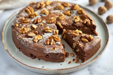 En saftig kladdkaka med valnötter, pudrad med florsocker. Perfekt för alla som älskar kladdkaka recept.