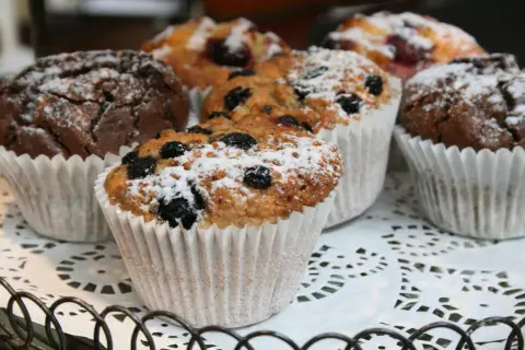 Här är ett **stora saftiga muffins recept**! Chokladmuffins och blåbärsmuffins, pudrade med florsocker, ser otroligt goda ut.