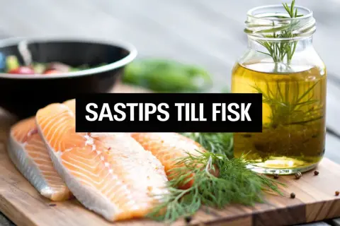 Färska laxfiléer på en skärbräda med dill och en flaska olivolja. Texten "SASTIPS TILL FISK" antyder en god sås till fisken.