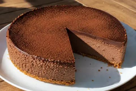 Chokladig oreo cheesecake med ett lager kakao på toppen, en bit är bortskuren.