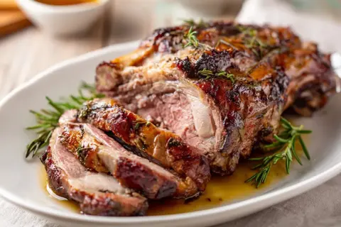 Saftig lammstek i ugn, perfekt stekt med rosmarin och serverad på ett fat.