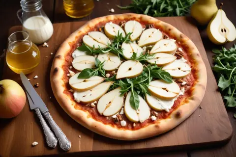 Pizza bianco med chèvre, päron och honung. En utsökt kombination av sött och salt.
