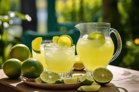 En kanna och glas med uppfriskande limejuice, perfekt för ett margarita recept. Färska limefrukter och is ger en somrig känsla.