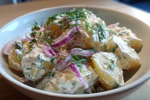 En skål med ljuvlig potatissallad recept, krämig med dill, rödlök och kapris. Perfekt till grillat!