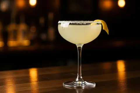 En elegant lemon martini med saltkant och citronskal på en träbar.