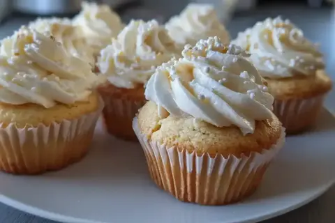 Fluffiga muffins med krämig hallon frosting och strössel. Perfekt för fikat!