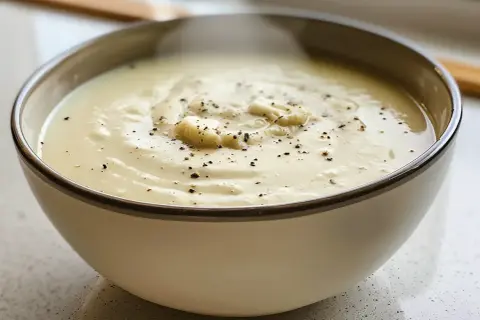 Krämig blomkålssoppa, perfekt för ett värmande blomkålssoppa recept. Toppad med peppar och små blomkålsbitar.