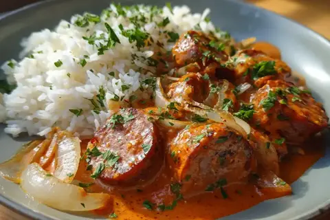 En portion godaste korv stroganoff med ris och persilja. En krämig sås med korvbitar och lök, serverad med fluffigt ris.