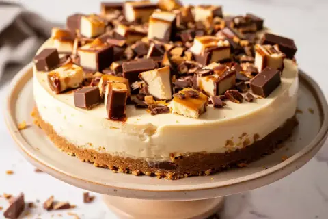 En krämig daim cheesecake, toppad med bitar av choklad och karamell. En dröm för alla som älskar daim!