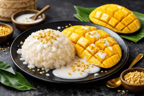En tallrik med klibbigt ris, färsk mango och kokosmjölk. En utsökt mango sago-dessert.
