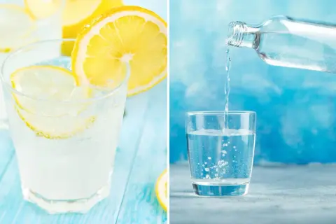 Frisk lemonad med citronskivor och is, samt en flaska som hälls upp sodavatten till drinkar.