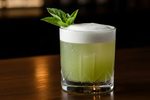 Grön, skummande drink med mynta och en kvist thai basil. En uppfriskande sommardrink.