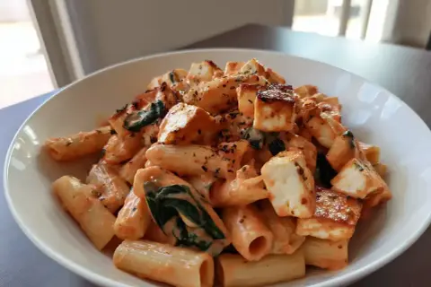 En krämig halloumi pasta med rigatoni, spenat och en smakrik tomatsås. Perfekt för en snabb och god middag.