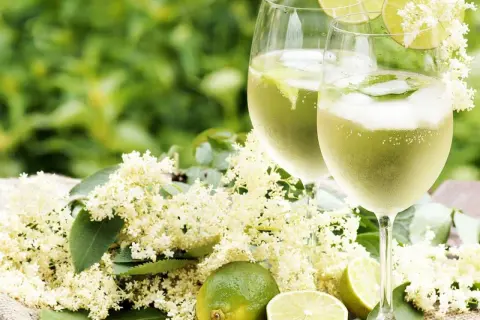 Två glas Hugo med fläderblommor och lime. Ett perfekt recept för en solig sommardag.