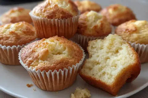 En tallrik med fluffiga vaniljmuffins, ett perfekt vaniljmuffins recept. En muffin är uppäten.