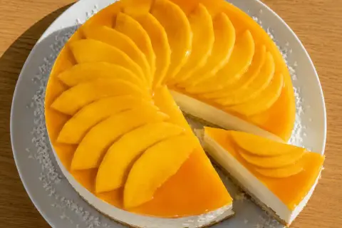 En krämig mango cheesecake med färska mangoskivor som pryder toppen. En bit är uppskuren och visar den lena fyllningen.